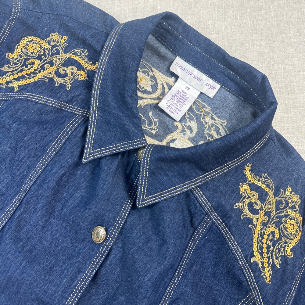 Susan Graver Stretch Denim Jacket Womens 2X Blue A12769 Gold Embroidered Sequin